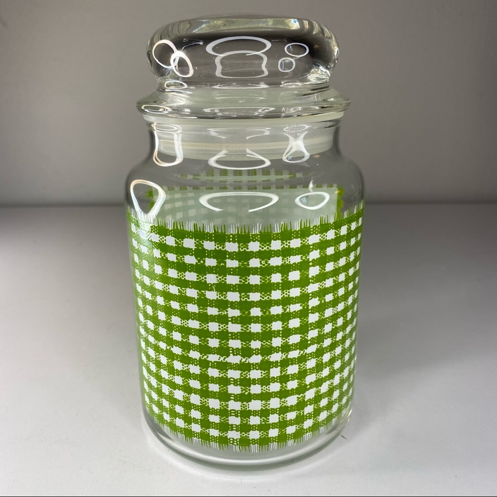 Vintage Anchor Hocking Green Gingham Checkered Glass Storage Jar w/ Sealing Lid